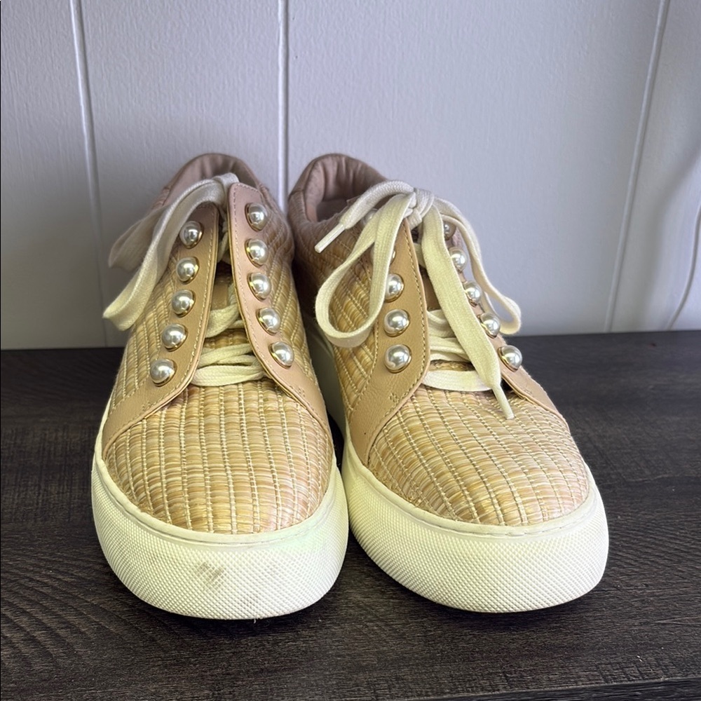 Alex Marie Beige Woven Sneakers with Pearl Accents